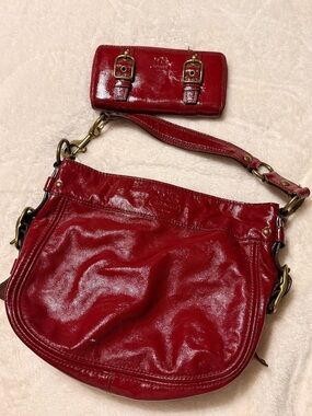 Coach Red Patent Leather Shoulder Bag with Matching Wallet